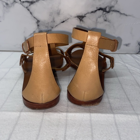 TORY BURCH Claire Capri Logo THONG Wedge LEATHER Sandals 7 Tan Fabulous Brown - Picture 5 of 12